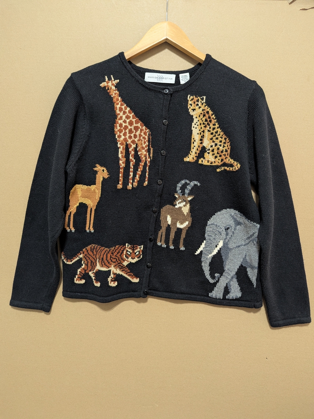 VTG Marisa Christina Safari Intarsia Cardigan Sweater Knit Medium Black Safari